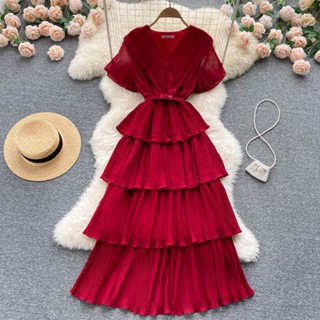 French niche design elegant V-collar cake dress female tie waist seaside holiday chiffon dress