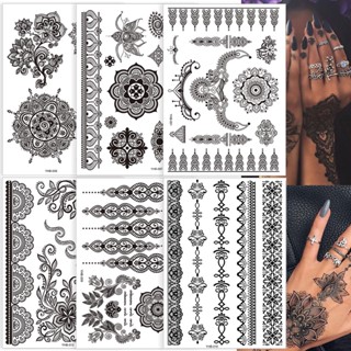 สติกเกอร์รอยสักชั่วคราว ลายลูกไม้ Mehndi สีดํา สําหรับผู้ใหญ่ และผู้หญิง