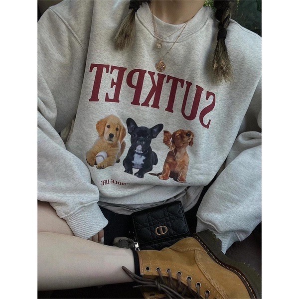 🌟KFC🌟เสื้อคาร์ดิแกน เสื้อแขนยาว คอกลมแขนยาว สกรีนลายน้องหมา น่ารัก ทรงพอดีตัว ผ้านิ่ม กันหนาว #J15