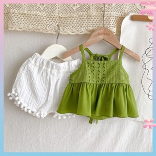 Girls summer suspenders set green small suspenders white shorts two-piece set travel summer childrens suit