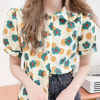 เสื้อเชิ้ตแขนสั้นลายดอกไม้ย้อนยุคใหม่สำหรับผู้หญิง เนื้อผ้าใส่สบาย เสื้อ สงกรานต์ ผู้หญิง