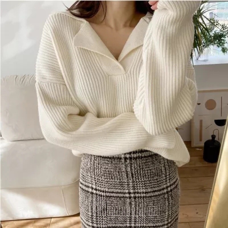 BASIC V-NECK POLO KOREAN CARDIGAN SWEATHER เกาหลี SWEATER ผู้หญิง PREMIUM KNIT MATERIAL