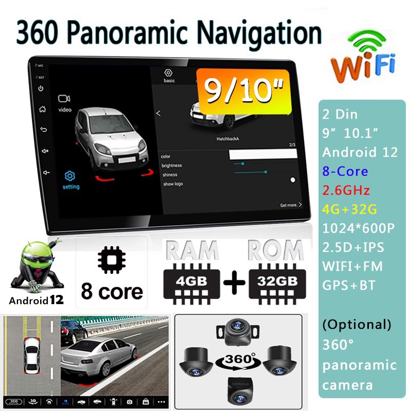 [4G+32G 8core-2.6ghz] เครื่องเล่น 2din Android 13 วิทยุ แอนดรอยด์ 9/10.1 นิ้ว GPS กล้องพาโนรามา 360 องศา รองรับบลูทูธ EQ WIFI สําหรับรถยนต์