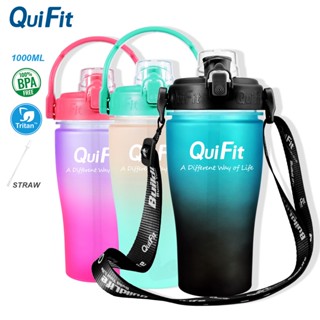 Quifit ขวดน้ําพลาสติก Tritan 1 ลิตร ปลอด BPA พร้อมหลอดดูด สามารถถอดออกได้ และปากกว้าง ทําความสะอาดง่าย สําหรับยิม