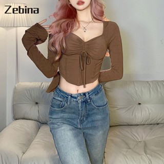 Zebina ผู้หญิงใหม่สีทึบบางแฟชั่นเสื้อยืดแขนยาวเซ็กซี่สำหรับผู้หญิง