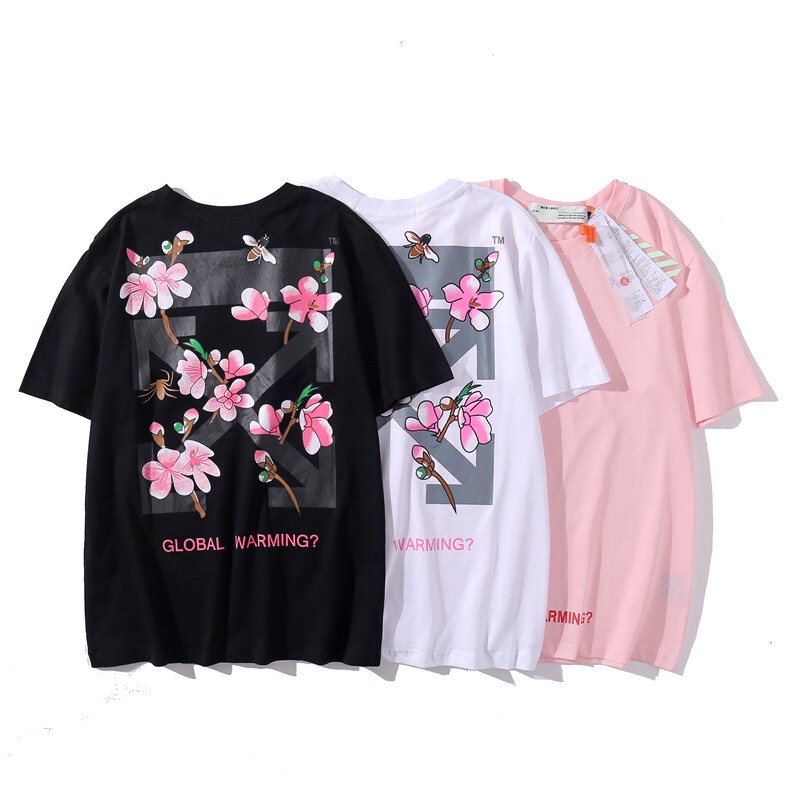 Q9IY / T-SHIRT SHIRT ☜☁∏Off White Men Women T-shirts Black Pink Flower Casual Top Tees Clothing !เสื
