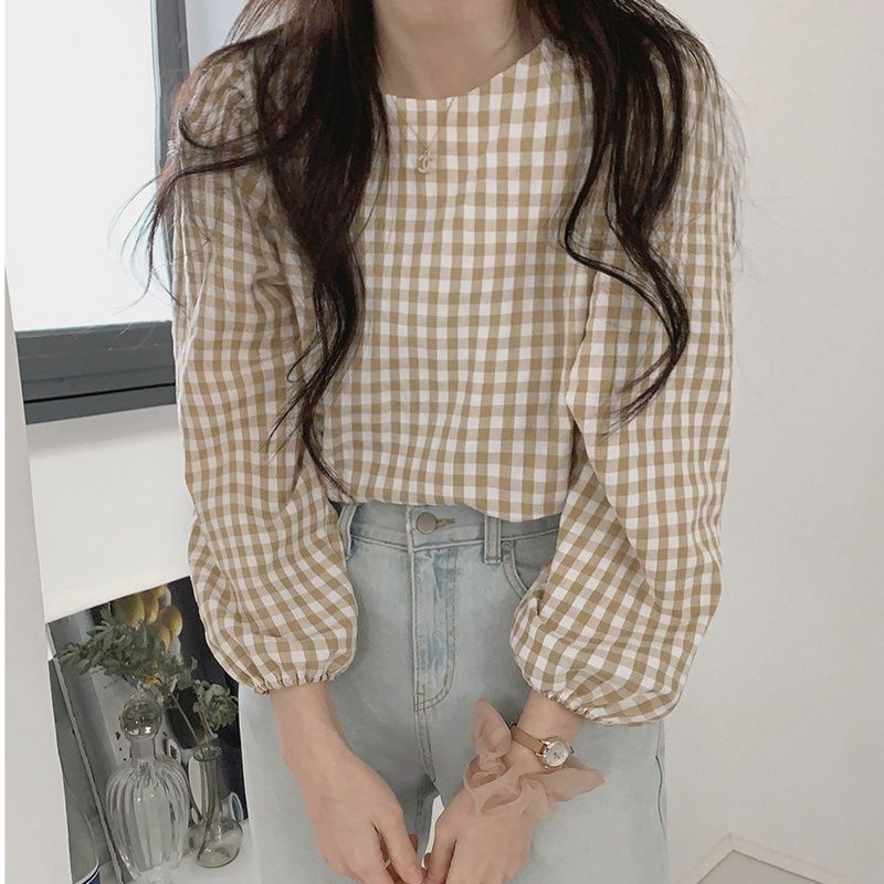 ใหม่ เสื้อเชิ้ตแขนยาว คอกลม ลายสก๊อต สไตล์เกาหลี แฟชั่นสําหรับสตรี ใส่ทํางาน