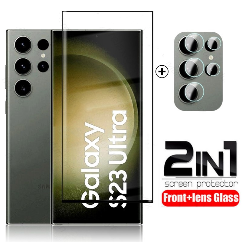 SAMSUNG 2 in 1 3Dโค้งกระจกนิรภัยสําหรับSamsung Galaxy S24 S22 S23 Ultra Plus S24 + S23 + S22 + S23Ultra S23FE S24FE 4G 5G Full Coverage HDกลับกล้องเลนส์ป้องกันฟิล์ม