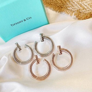 [พร้อมกล่องบรรจุภัณฑ์] Tiffany &amp; Co.  Tiffany ต่างหูเงินสเตอร์ลิง T1 ประดับเพชร ทรงกลม ของขวัญวันเกิด สําหรับผู้หญิง