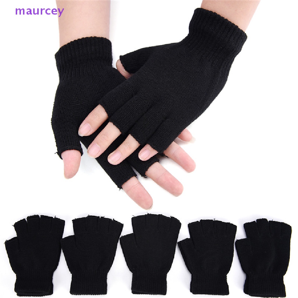 Maurcey เก๋ไก๋สีดำถักยืดยืดหยุ่นครึ่งนิ้วนิ้วมือถุงมือฤดูหนาวฤดูหนาว