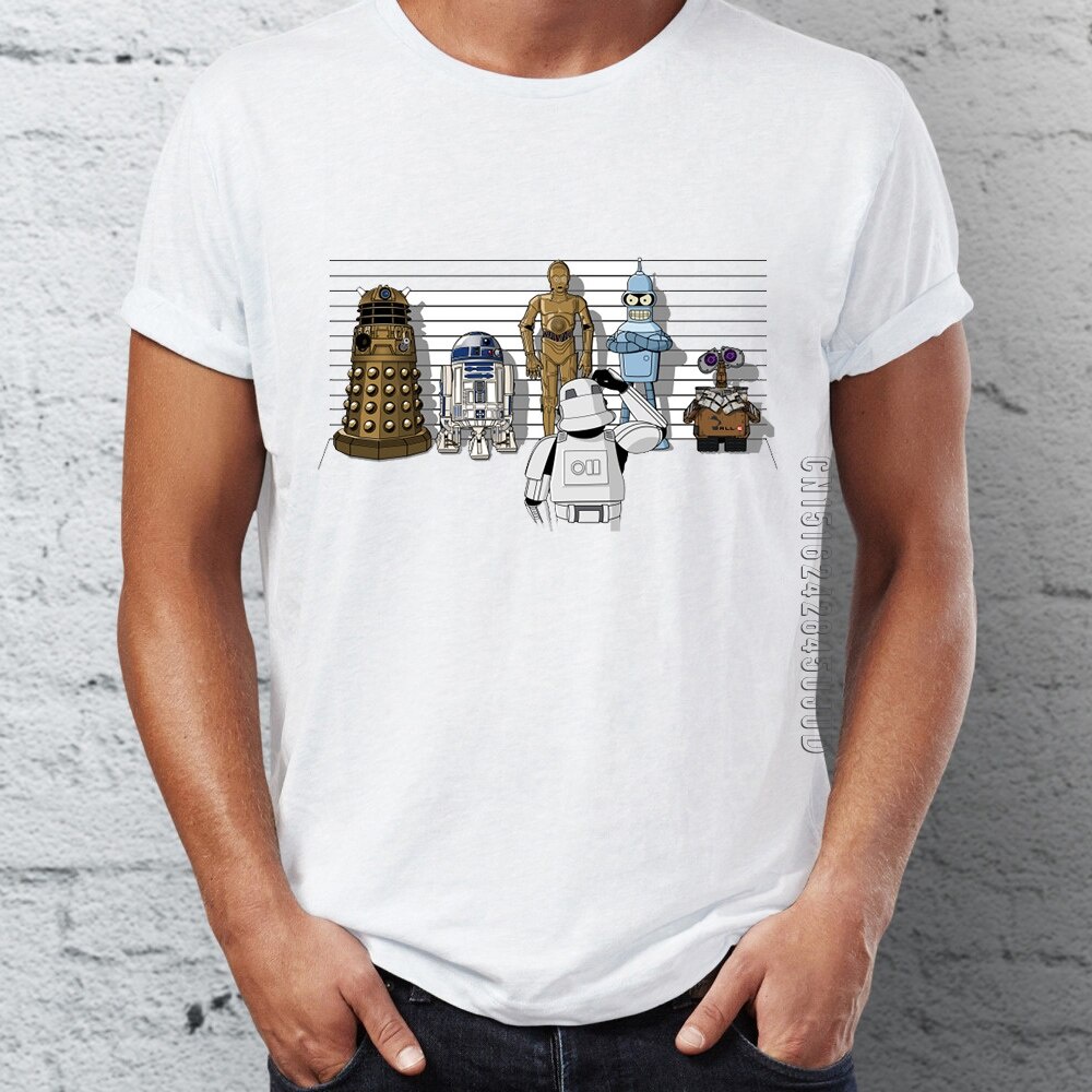 Cotton T เสื้อผู้ชาย Tshirt Droid Lineup R2D2 BB8 การ์ตูน Badass สุดยอดฤดูร้อนกราฟิก O คอสําหรับ Hom