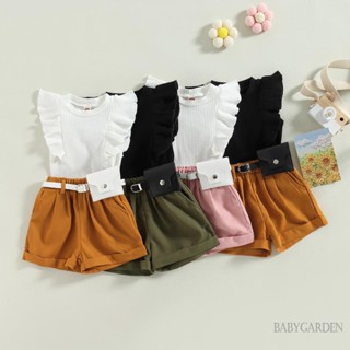 Babygarden-9m-4y ชุดเสื้อผ้าเด็กผู้หญิง แขนบิน เสื้อกล้ามยาง + กางเกงขาสั้น ลําลอง ยืดหยุ่น + เข็มขัด