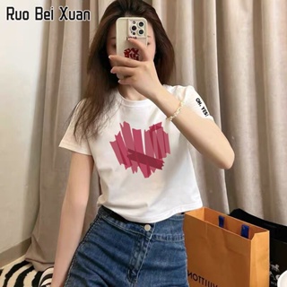 RUO BEI XAUN เสื้อยืดแขนสั้นผู้หญิง 2023 เวอร์ชั่นเกาหลีใหม่หลวมแขนสั้นด้านบน