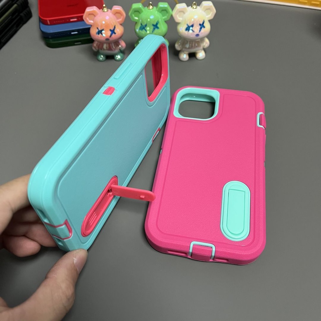 เคสโทรศัพท์มือถือยาง แบบหนา กันลื่น กันกระแทก ลายดอกกุหลาบ สีชมพู พร้อมขาตั้ง 3 In 1 สําหรับ Samsung Galaxy A15 A54 A14 A53 A13 S24 S23 S22 Ultra Plus
