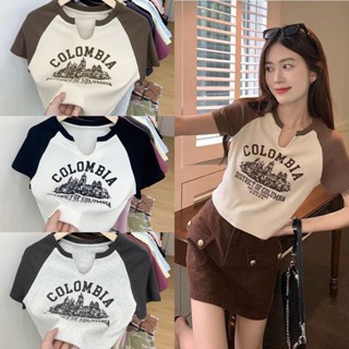 SALABO(พร้อมส่ง) เสื้อครอป คอกลมแขนสั้น น่ารัก สกรีนลายวินเทจ คอวีเว้า ผ้านิ่มยืด #A35