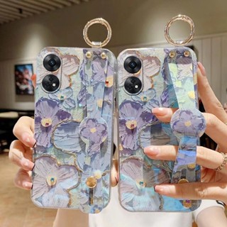 เคสโทรศัพท์มือถือ ซิลิโคนนิ่ม ลายภาพวาดสีน้ํามัน รูปดอกไม้สีม่วง พร้อมสายคล้อง สําหรับ OPPO Reno 8T 5G Reno8 T 4G Reno8T