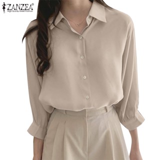 Zanzea เสื้อเชิ้ต คอปก แขน 3/4 สีพื้น สง่างาม สําหรับผู้หญิง