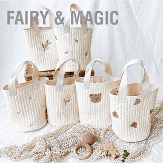  Fairy &amp; Magic กระเป๋าเก็บขวดนมผ้าฝ้ายแท้ทรงถังน่ารักเย็บปักถักร้อยผ้าอ้อมแคดดี้ออแกไนเซอร์สำหรับรถเข็นเด็ก