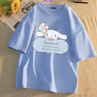 เสื้อยืดแขนสั้น ผ้าฝ้าย แบบบาง ทรงหลวม พิมพ์ลายการ์ตูนอนิเมะ Sanrio Cinnamoroll น่ารัก สไตล์ญี่ปุ่น สําหรับเด็กผู้หญิง [RAIN]