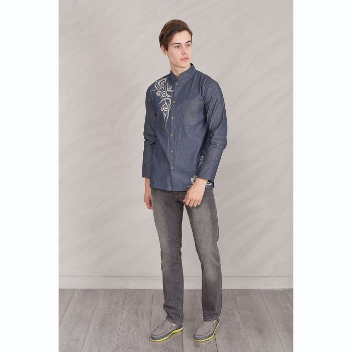 JFASHION MENS LONG-SLEEVED EMBROIDERED KOKO SHIRT - ARIFIN - BLUE, XL TRENDY LATEST QUALITY S6K4