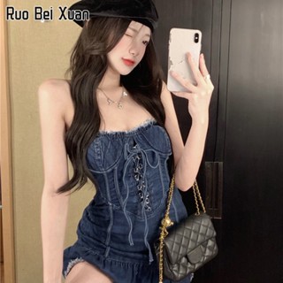 RUO BEI XUAN เดรสยีนส์ผู้หญิง 2023 ใหม่ กระโปรงเปิดไหล่ข้างเดียวสุดเซ็กซี่