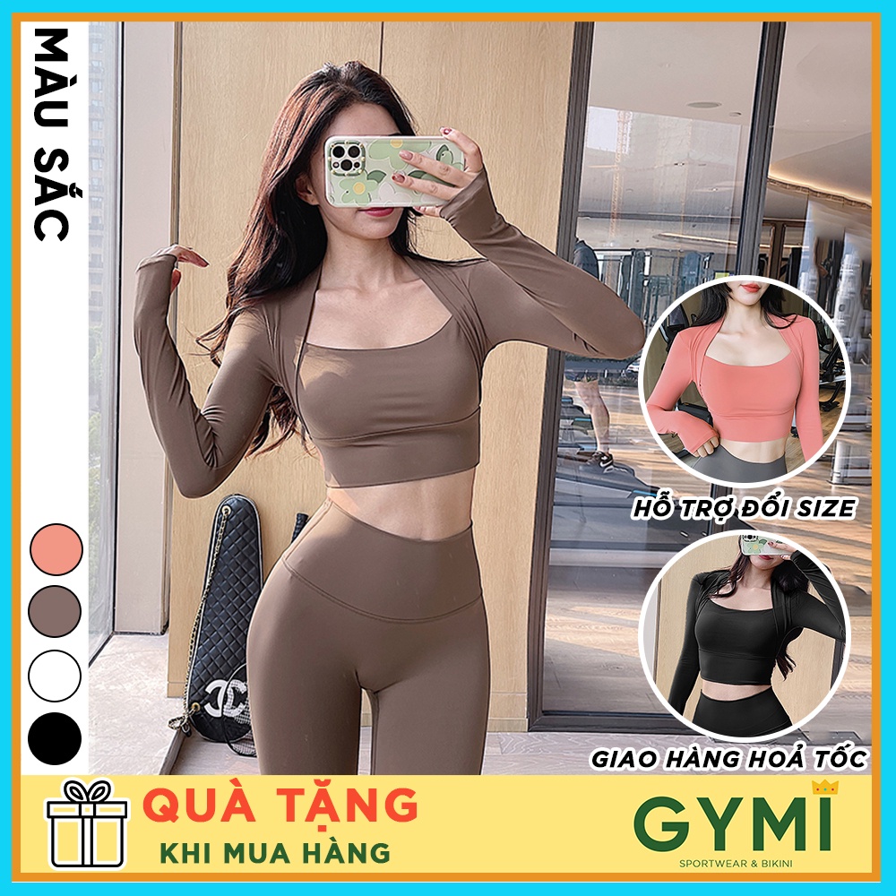 เสื้อยิมโยคะแขนยาวผู้หญิงทรงเสื้อครอป GYMI AD24 เสื้อพร้อมแผ่นรองหน้าอกยางยืดโพลีนุ่มเนียนยืดหยุ่นดี