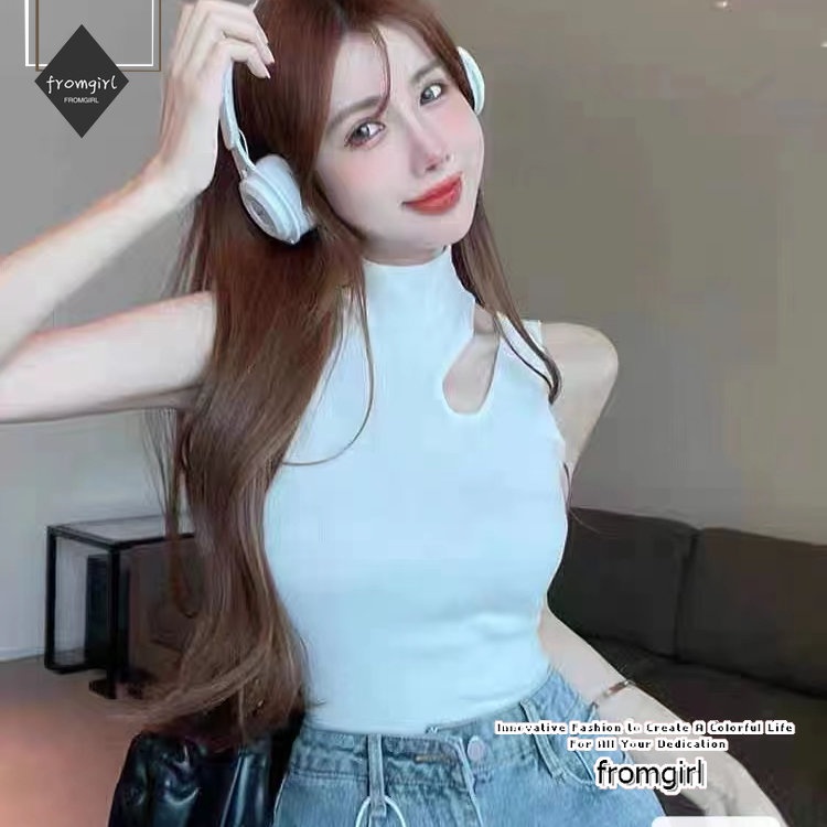 ใหม่ เสื้อกันหนาว แขนกุด ผ้าถัก เซ็กซี่ แฟชั่น