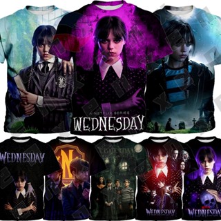 *ENX* เสื้อยืดแขนสั้น ลาย Wednesday Addams สําหรับเด็กผู้หญิง อายุ 3-13 ปี 3-13 ปี