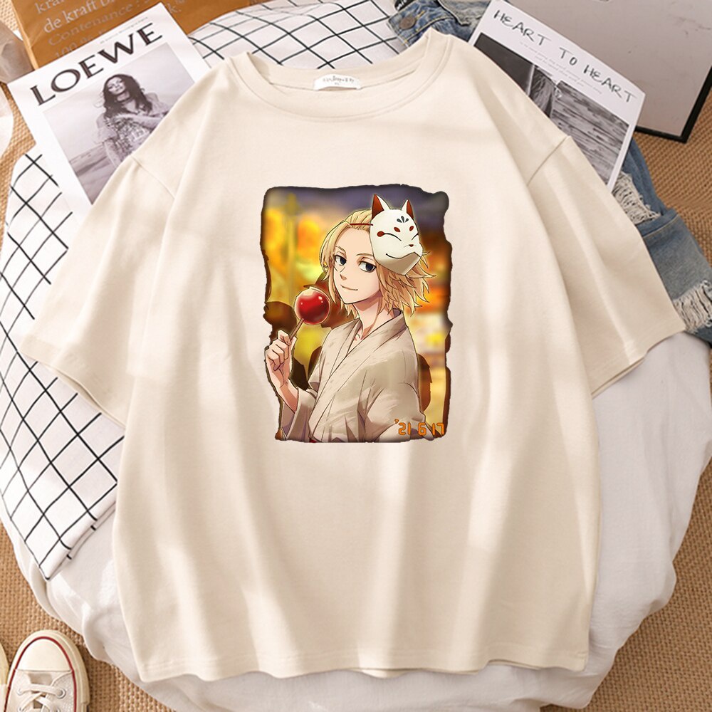 Tokyo Revengers Manjiro Sano Fox Mask Printing Man T-Shirt Comfortable Summer Tshirt Crewneck Loose 