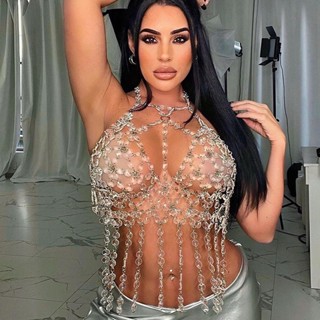 skl000186 European and American Crystal hollow-out backless tassel vest sexy temptation chest chain naked body chain QTCA