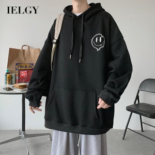 IELGY เสื้อกันหนาว มีฮู้ด ทรงหลวม พิมพ์ลาย สไตล์ฮ่องกง สตรีท สําหรับผู้ชาย