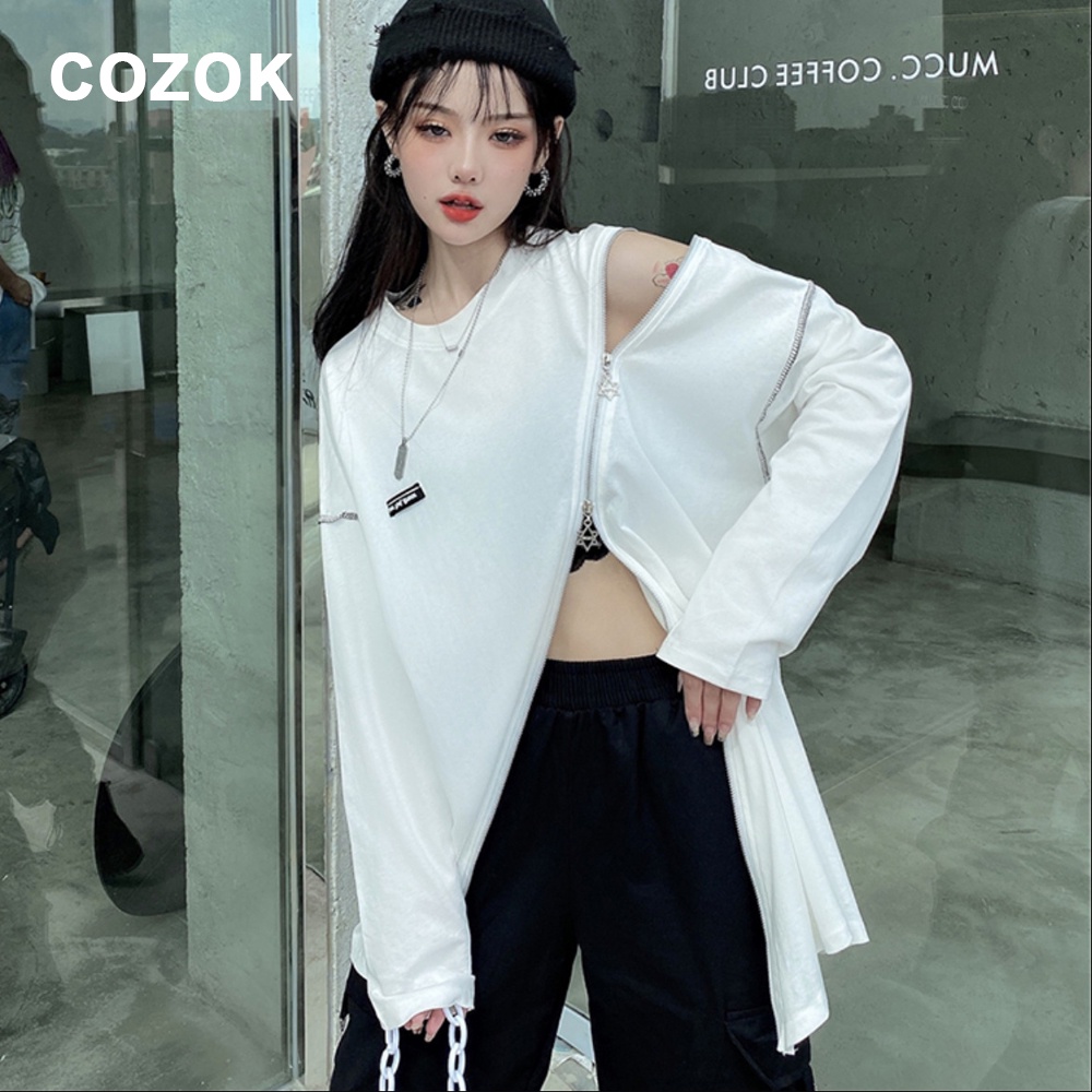 เสื้อยืดแขนยาว คอกลม ทรงหลวม ความยาวปานกลาง แต่งซิป สีขาว แฟชั่นสําหรับผู้หญิง