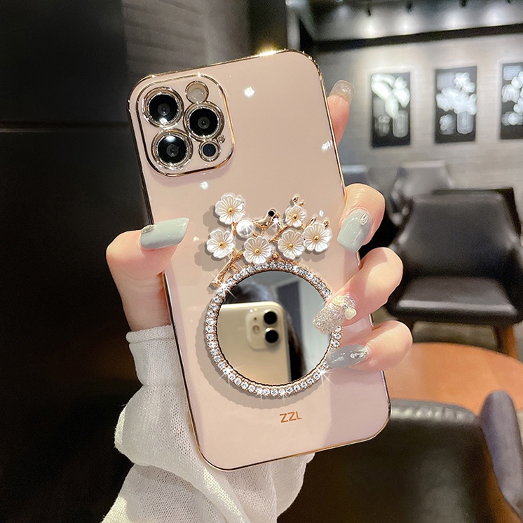 สําหรับ Apple iPhone 17 16 16e 15 14 13 12 11 Pro Max iPhone XR XS X Max 7 8 Plus iPhone 17 Air ดอกไม้สไตล์กระจกเพชร Bling ชุบเคสโทรศัพท์นุ่มกลับคลุมทั้งหมดปลอก