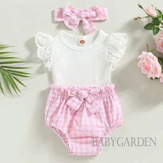 Babygarden-0-24 เดือน ชุดรอมเปอร์ คอกลม แขนบิน สีพื้น + กางเกงขาสั้น เอวยางยืด ลายสก๊อต + ที่คาดผม สําหรับเด็กผู้หญิง