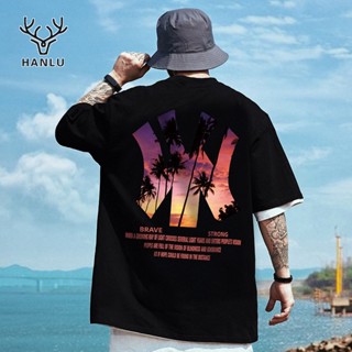 HANLU【พร้อมส่ง】เสื้อยืด สไตล์ยุโรปและอเมริกา งานดีเทลแขน ปักหน้าอก ผ้าคอตตอล 100%