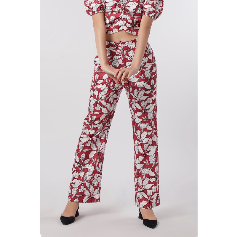 f.fashion กางเกงขากว้างลายดอกไม้ ผู้หญิง สีชมพูเข้ม | Wide Leg Floral Print Trousers | 05984