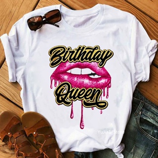 White Shirt-Birthday Team/Queen Print Graphic T-Shirt Women Sexy Glitter Lip Tshirtfemme Summer Fashion_12