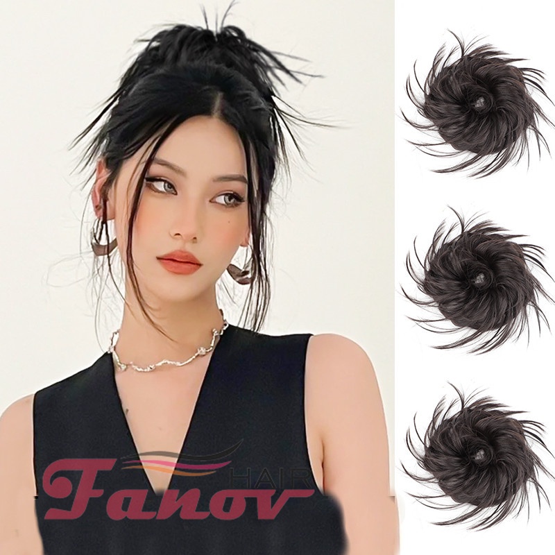 Fanov- ยางรัดผมสังเคราะห์ ผมหยิกยุ่ง ยืดหยุ่น สครันชี่ ปลอม สําหรับผู้หญิง กิ๊บสีน้ําตาลดํา แฮร์พีซ วิกผมสังเคราะห์ แบบธรรมชาติ สำหรับผู้หญิง