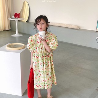 กระโปรงน่ารักเกาหลี 2023 ฤดูร้อนสาวเกาหลีหวานพิมพ์แขนพัฟเด็กแขนสั้นชุด