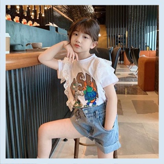 Cotton short-sleeved T-shirt for girls summer 2021 New Korean cartoon cute childrens lace top for women