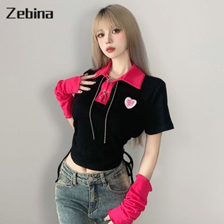 Zebina เสื้อยืดแขนสั้นคอโปโลสตรีมีเชือกผูกเอวเข้ารูปพอดีตัว