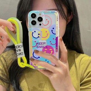 เคสโทรศัพท์มือถือแบบนิ่ม ใส ลายหน้ายิ้ม พร้อมสายคล้อง หลากสี สําหรับ Samsung S23 S22 Ultra S9 S8 S10 S20 S21 Plus S22 Ultra Note 9 10 Plus 20 Ultra S21 FE 5G