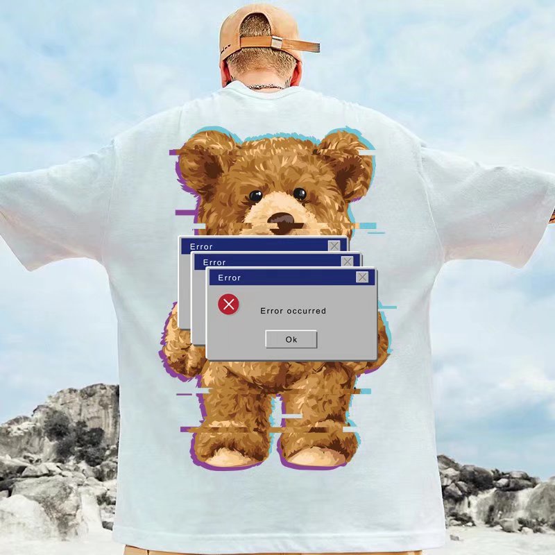Korea Super Big T-Shirt Summer Men's Short Sleeve T-Shirt Unisex Super Big Shirt Error occurred Teddy Bear Print T-_07