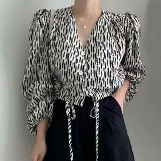 เสื้อเชิ้ตแขนพอง คอวี ลายม้าลาย แบบเข้ารูป สไตล์เกาหลี เหมาะกับฤดูใบไม้ร่วง สําหรับผู้หญิง