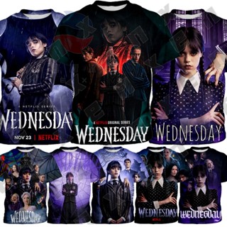 *ENX* เสื้อยืดแขนสั้น ลาย Wednesday Addams สําหรับเด็กผู้หญิง อายุ 3-13 ปี