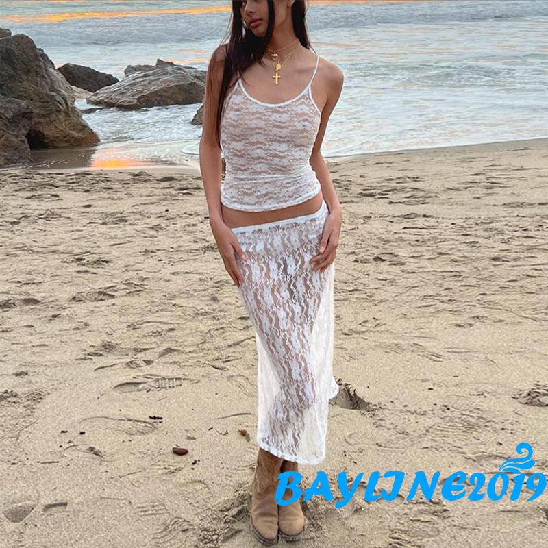 Bay-women Tops ชุดกระโปรง,ดูผ่านเสื้อกั๊กลูกไม้แขนกุด Crop Tops + กระโปรงห่อสีทึบ