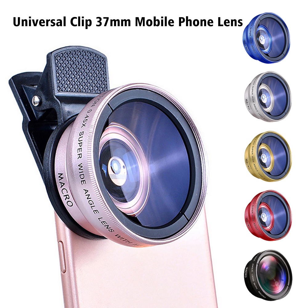 Macro 2 in 1 0.45X Super Wide Angle Universal Bracket 37mm เลนส์โทรศัพท์มือถือระดับมืออาชีพสำหรับกล้องแท็บเล็ตมือถือ