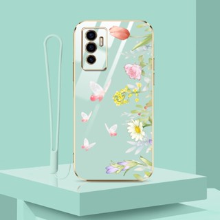 เคสโทรศัพท์มือถือ ลายดอกไม้ ผีเสื้อ พร้อมสายคล้อง หรูหรา สําหรับ Vivo V23E 4G 5G S10E