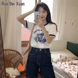 RUO BEI XAUN เสื้อยืดสตรี 2023 ใหม่แฟชั่นเกาหลีพิมพ์ลายแขนสั้น