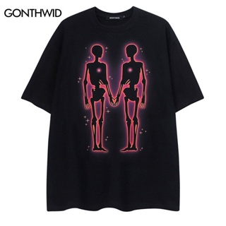 Hip Hop Men T Shirt Skull Skeleton Letter พิมพ์ Tshirt Streetwear Hip Hop Punk Gothic เสื้อแฟชั่น Harajuku เสื้อยืดผู้หญ